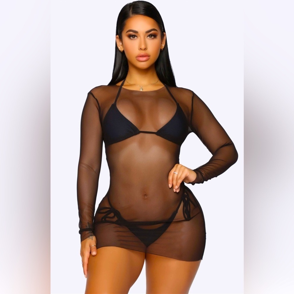 Black Triangle Top Self Tie Bottom Bikini Long Sleeve Mesh Coverup 3 Piece Set